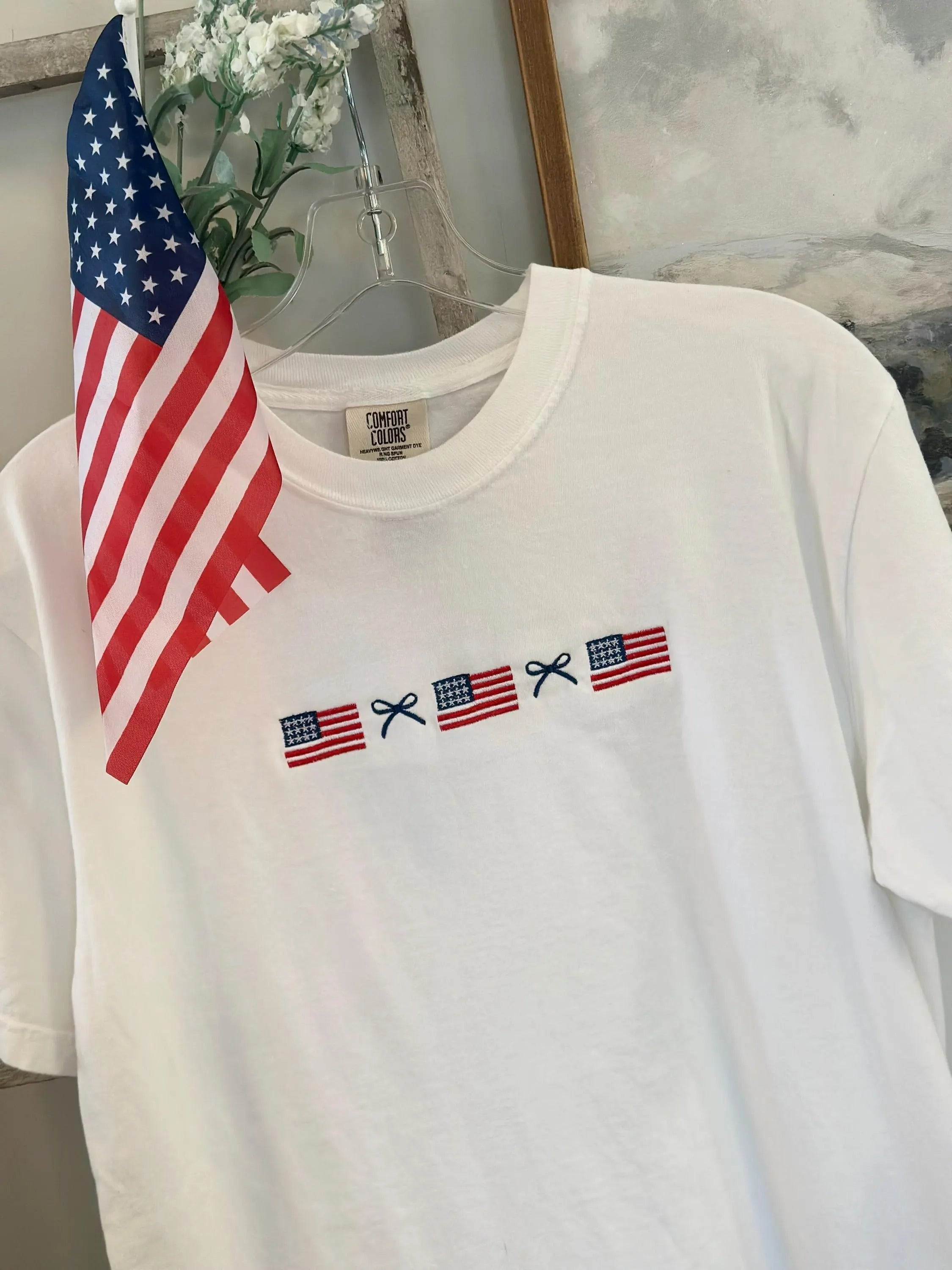 American Flag and Little Bow Tee - Patriotic Dainty Bow T-Shirt - Comfort Colors Embroidered 4th of July Tee - Labor Day Apparel