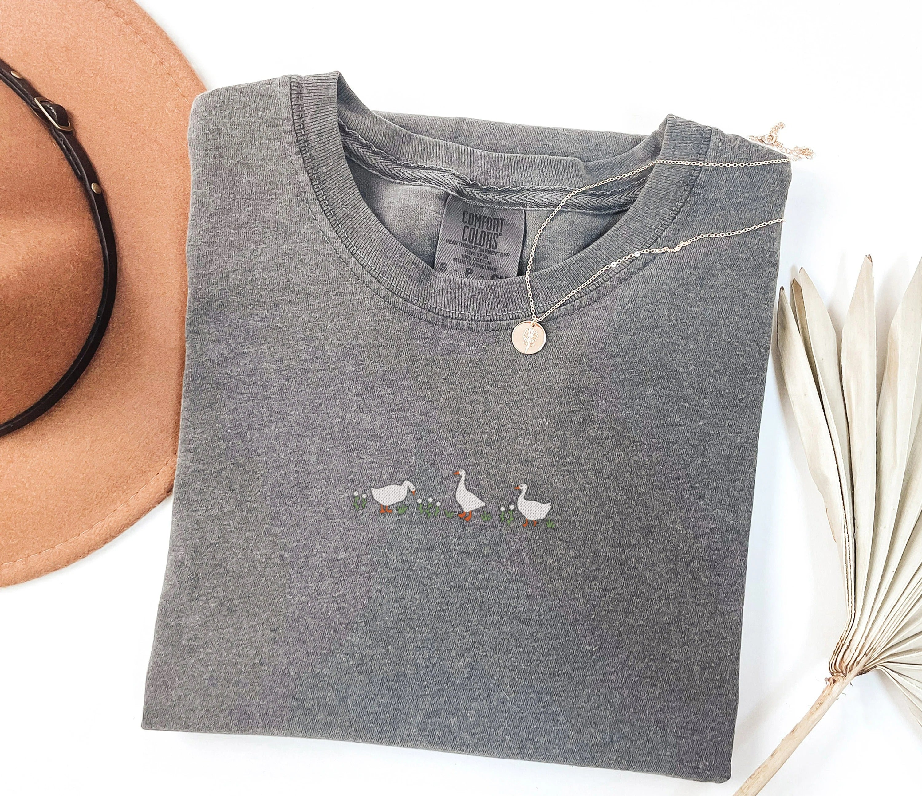 Embroidery Shirt | Geese with Flower | Silly Goose Tee | Embroidered Graphic Tshirt | Relaxed Aesthetic Clothing Oversized Comfort Colors