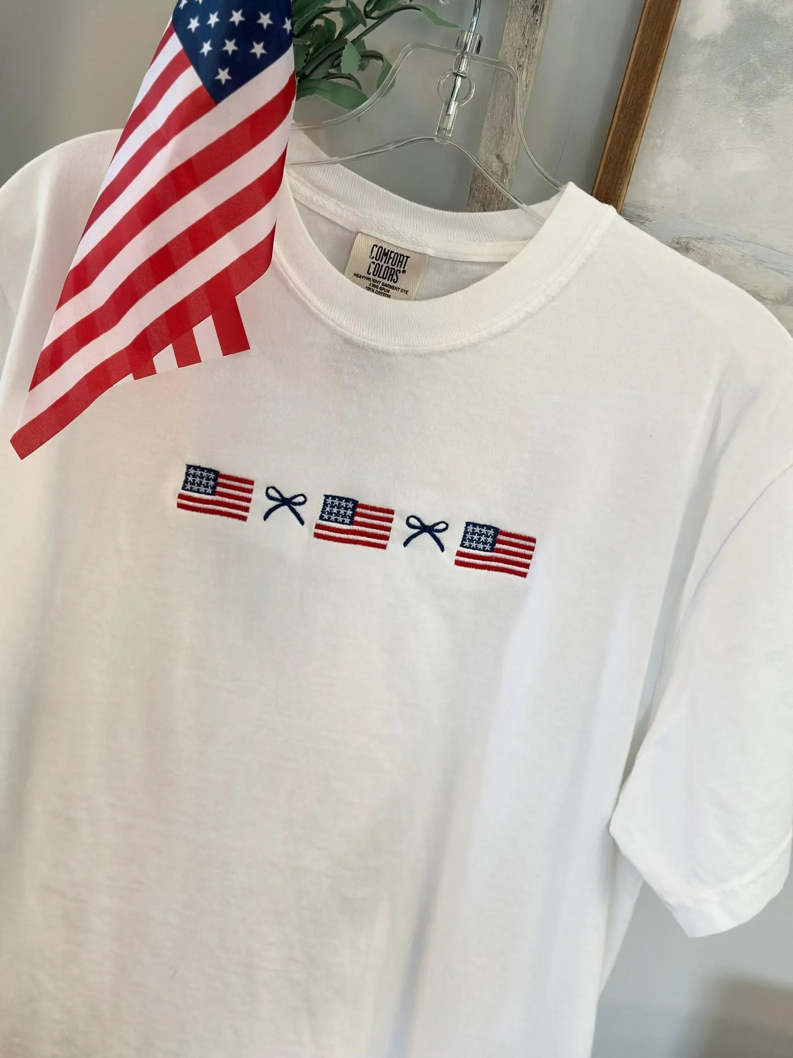 American Flag and Little Bow Tee - Patriotic Dainty Bow T-Shirt - Comfort Colors Embroidered 4th of July Tee - Labor Day Apparel