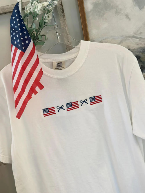 American Flag and Little Bow Tee - Patriotic Dainty Bow T-Shirt - Comfort Colors Embroidered 4th of July Tee - Labor Day Apparel