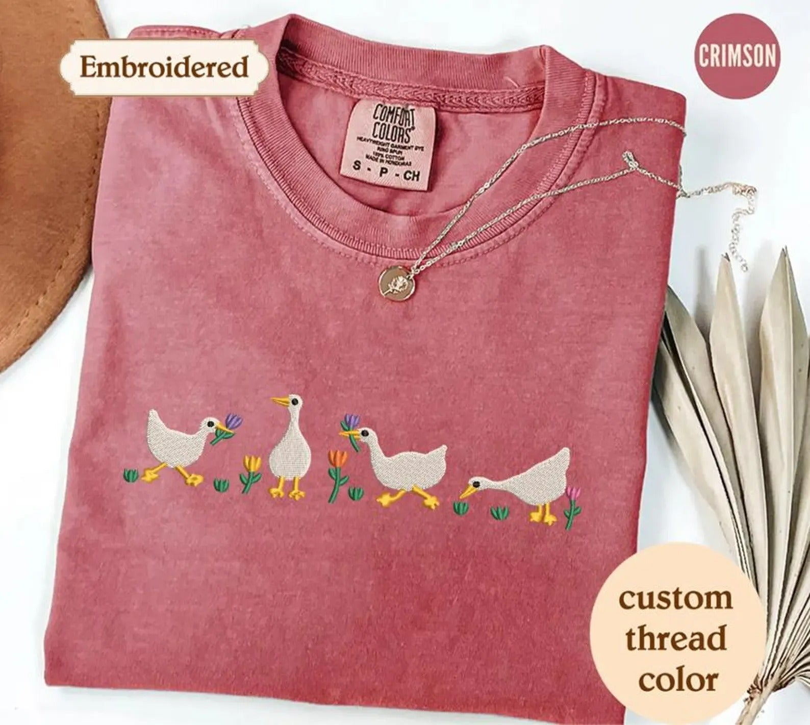 Embroidered Duck Duck Goose Comfort Colors Tee, Ducks and Flowers Embroidered Ultra Soft Tee, Monochromatic TShirts