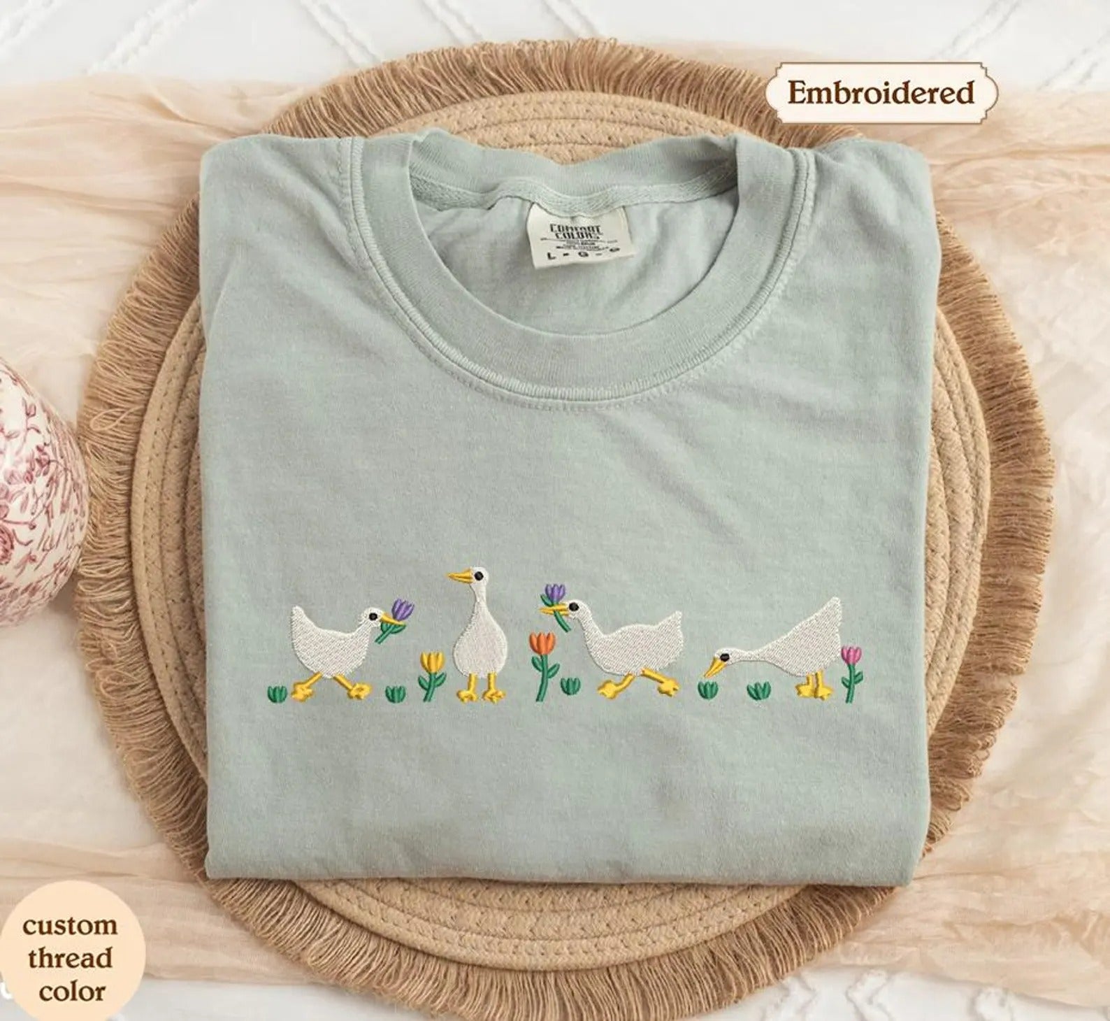 Embroidered Duck Duck Goose Comfort Colors Tee, Ducks and Flowers Embroidered Ultra Soft Tee, Monochromatic TShirts