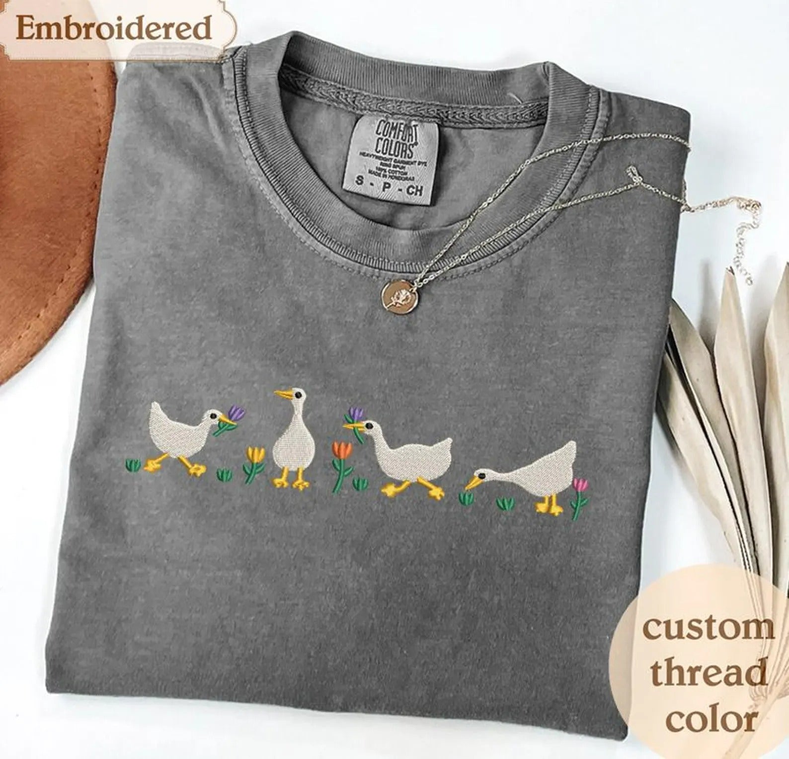 Embroidered Duck Duck Goose Comfort Colors Tee, Ducks and Flowers Embroidered Ultra Soft Tee, Monochromatic TShirts