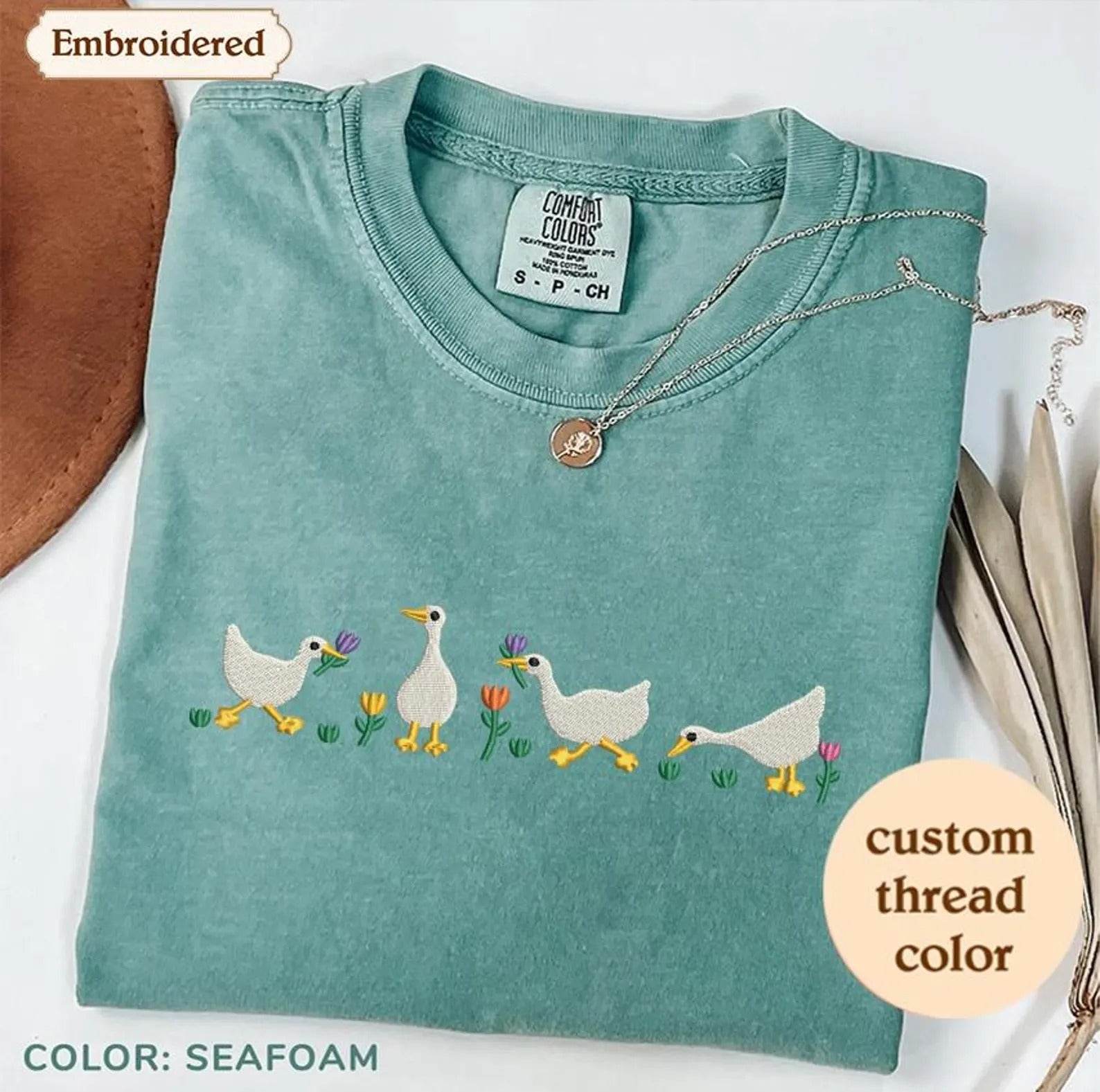 Embroidered Duck Duck Goose Comfort Colors Tee, Ducks and Flowers Embroidered Ultra Soft Tee, Monochromatic TShirts
